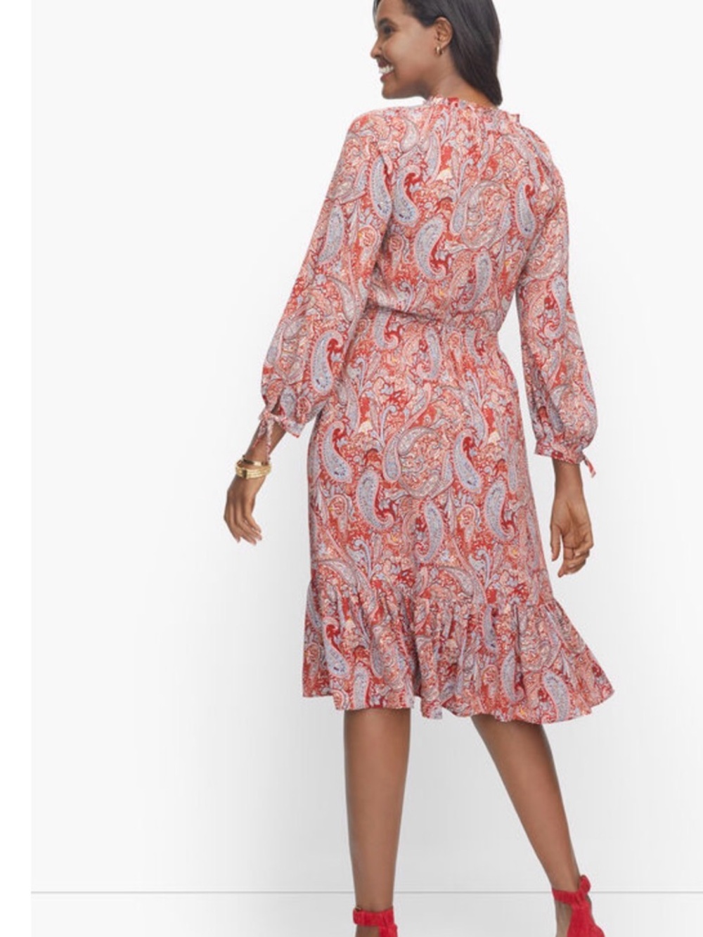 Talbots XS sprinkle paisley split ruffle detail tie arm neck soft midi dress - Picture 2 of 16